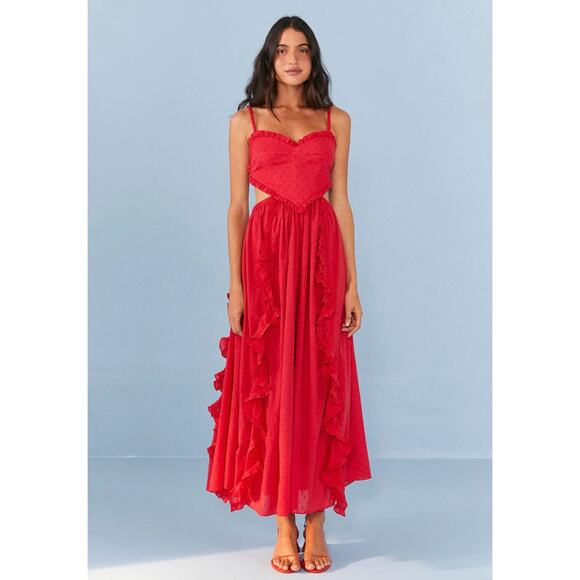 Farm Rio Red Heart Cutout Swiss Dot Maxi Dress Size Large - Picture 1 of 6